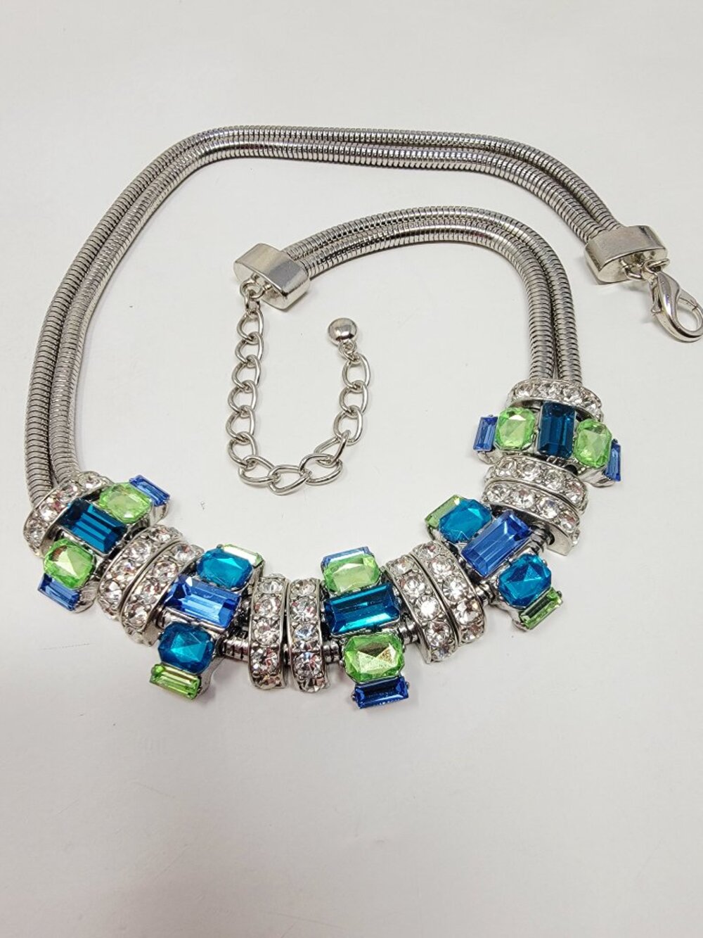 Multi Strand Snake Chain Blue Green Crystal Rhinestone Statement Necklace